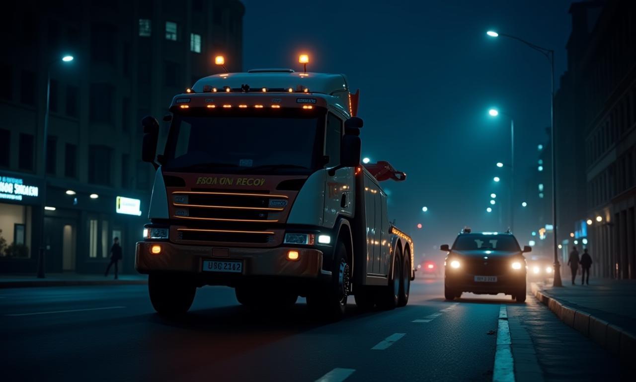 Britannia Recovery tow truck assisting a car at night in Manchester