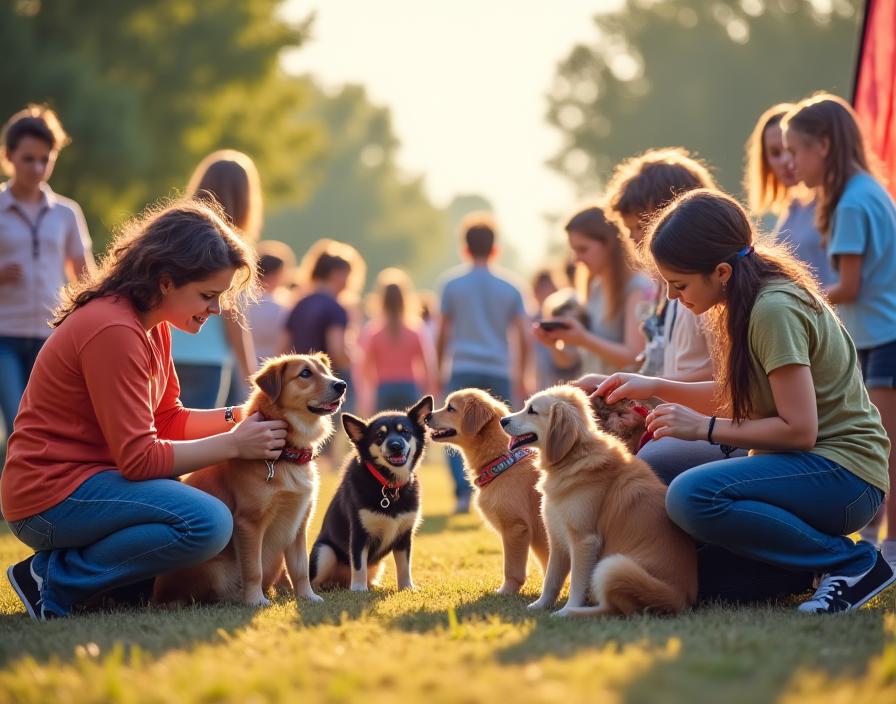 Gruppo di persone e animali a un evento di adozione responsabile