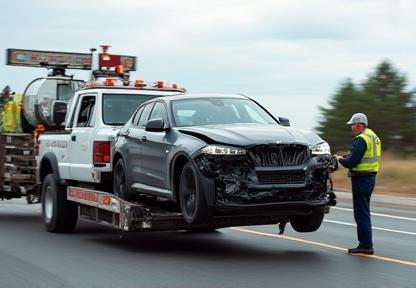 Accident scene with recovery vehicle and car being loaded