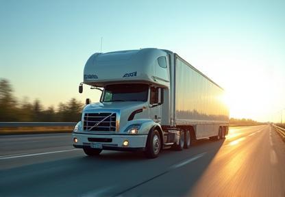 Enclosed transport hauling classic car on motorway